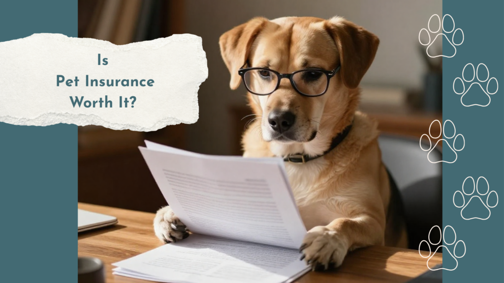 Dog wearing glasses intently reading a document at a desk.