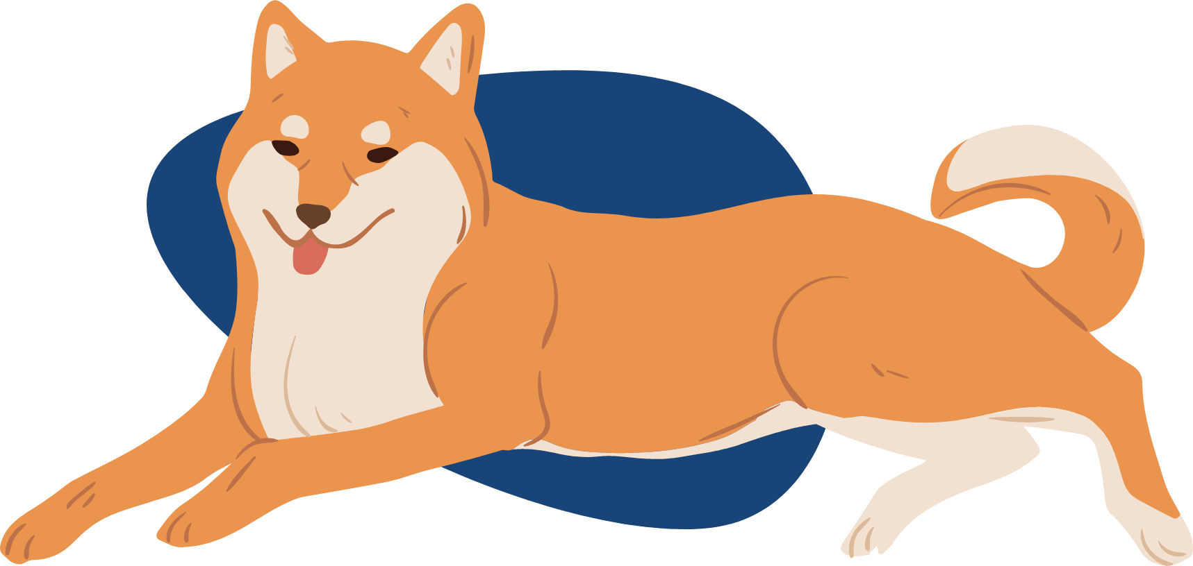 Illustration of a smiling Shiba Inu dog lying down with its tail curled.