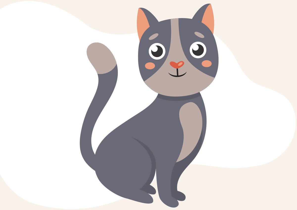 Illustration of a cute gray cartoon cat with large eyes and a happy expression.
